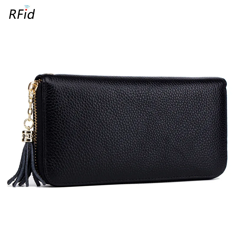 

Women's Genuine Leather Luxury Wallet Long Tassel Rfid Wallets Ladies Zipper Purse Wristlets Strap Handbag Card Coin Money Bag