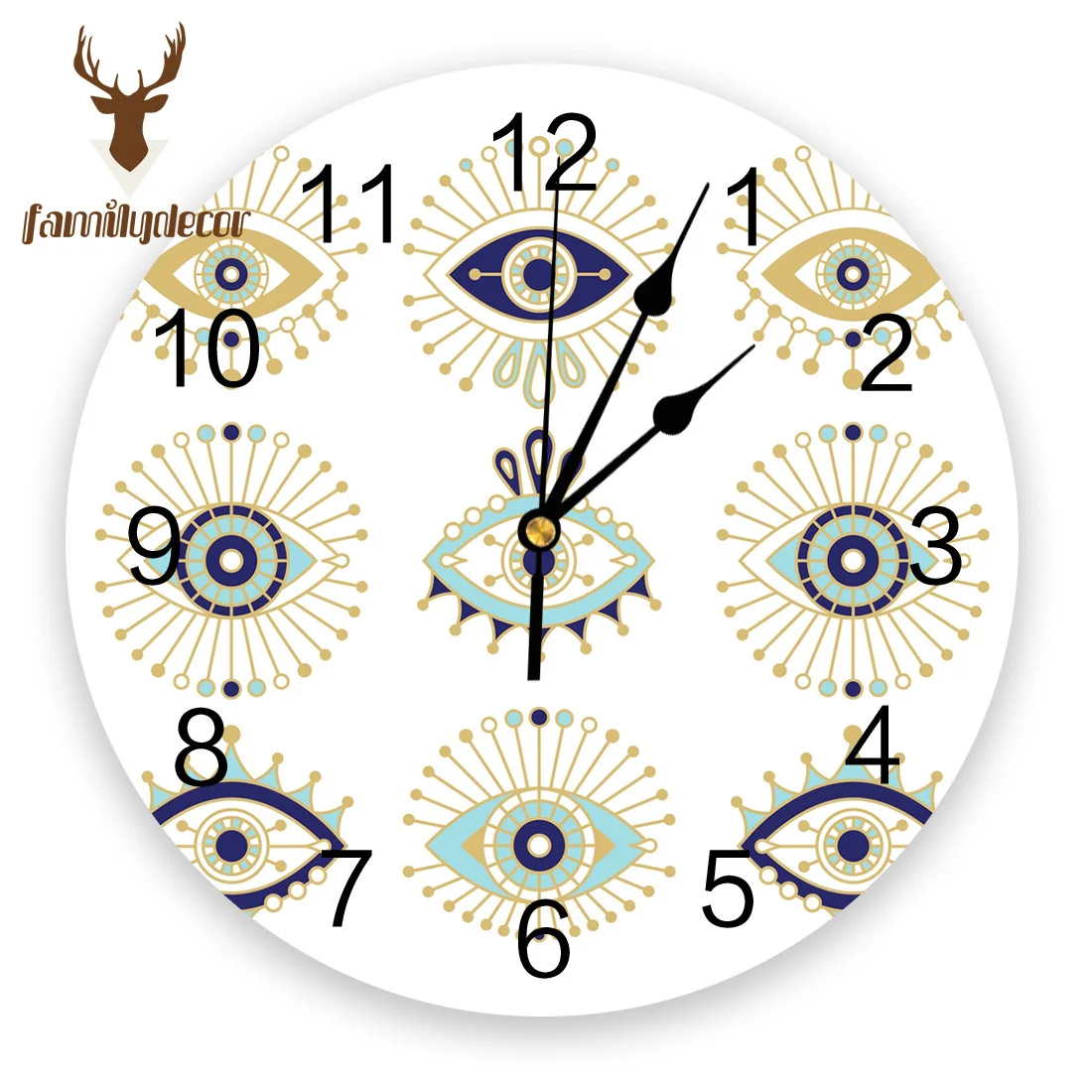 Часы настенные бесшумные из ПВХ с белым принтом сглаза | Дом и сад