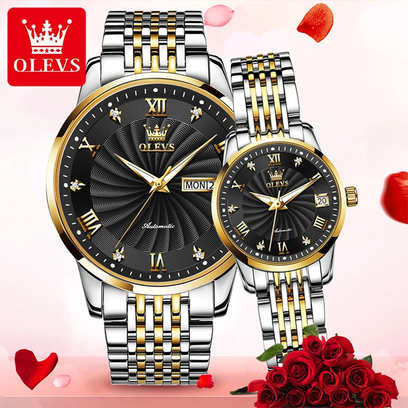 OLEVS Fashion Couple Casual Waterproof Luminous Pointer Mechanical Watches High Quality Breathable Stainless Steel Strap Strap