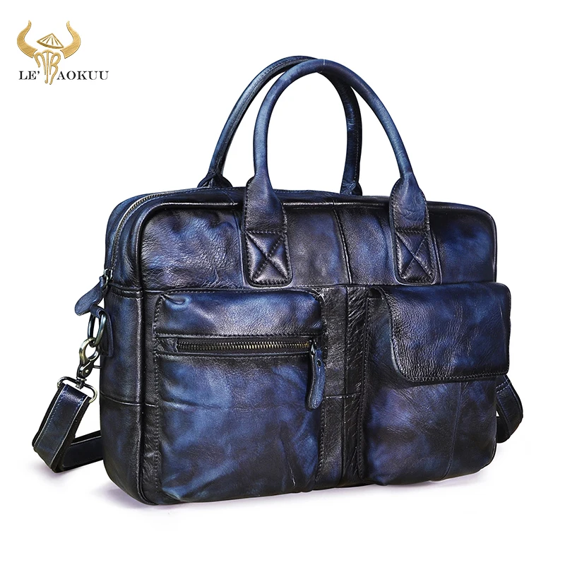 

Men Natural Leather Travel Blue Business Briefcase 16" Laptop Case Professional Executive Portfolio Organizer Messenger Bag B331