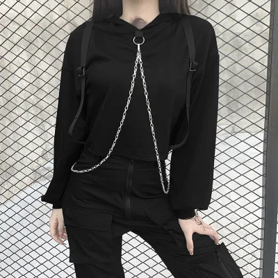 

Pop European and American dark functional punk metal chain strap top women's autumn and winter street sports new sweater