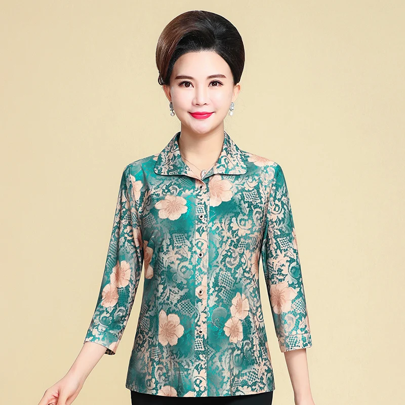 

Summer Vintage Plus Middle-aged Size Mother Women Shirts Casual Three Quarter Printing Womens Tops and Blouses