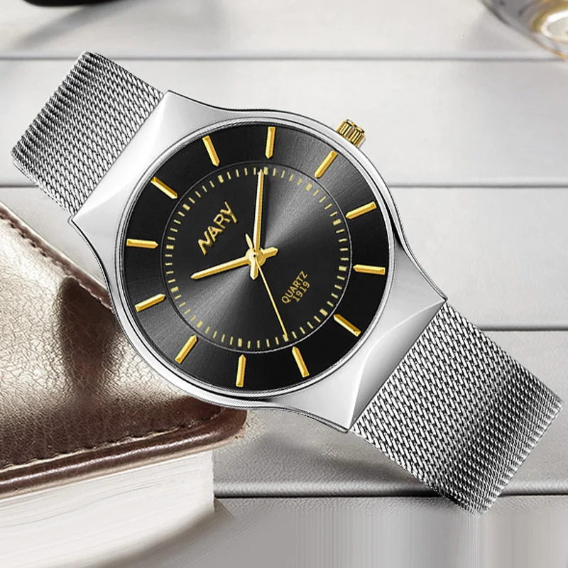 Часы наручные мужские кварцевые модные простые супер тонкие со стальным