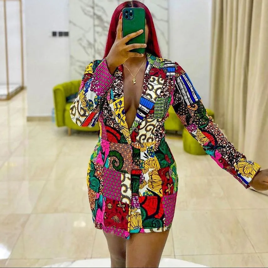 

Women's new fashion long sleeve suit collar print temperament commuter famous family style dress