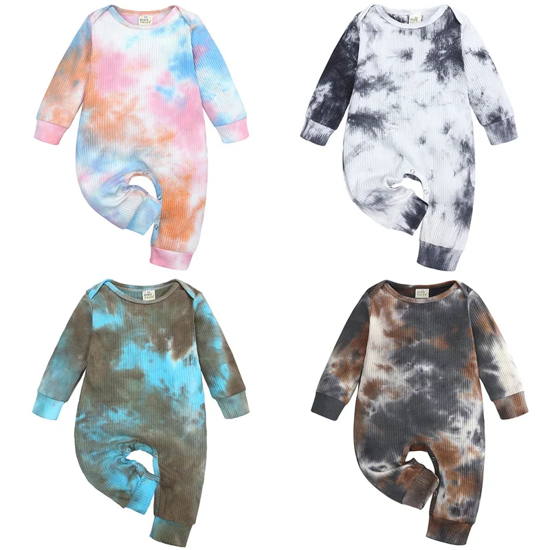 2020 Baby Girls Boys Romper Toddler Newborn Kids Girls Boy Long Sleeve Tie Dyeing Print Ribbed Knitted Romper Jumpsuits Clothes