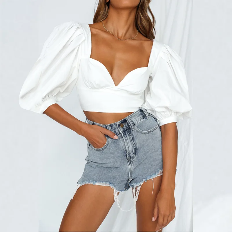 

Fashion sexy lady white top Slim low-cut V-neck T-shirt pleated puff sleeve short sleeve European and American style