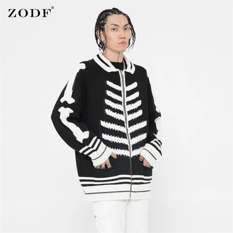 

ZODF Chic 2021 Mens Winter Zipper Sweatercoat Hip Hop Oversized Unisex Skeleton Knitted Coat Cardigan Sweaters HY0275