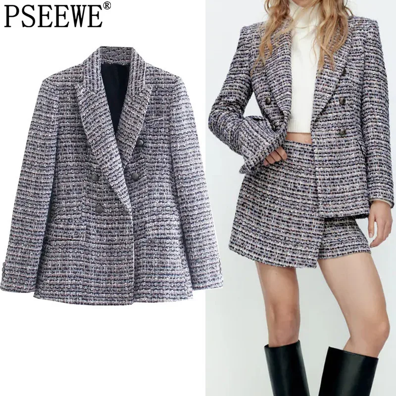

Женский твидовый Блейзер PSEEWE Za, двубортный клетчатый Блейзер, Женская Осенняя куртка с длинным рукавом, винтажная текстурированная элегант...