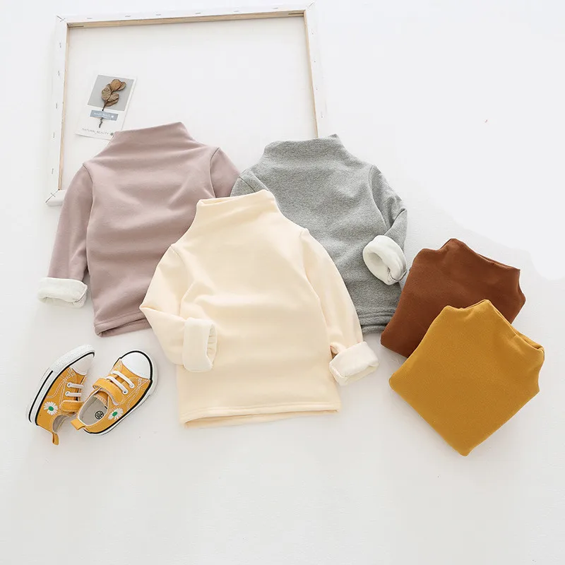 

2020 Autumn Winter Kids Thicken Bottoming Shirts Solid Cotton Plus Velvet Turtleneck Tshirt for Boys Girls 2-7 Y Baby Warm Tops