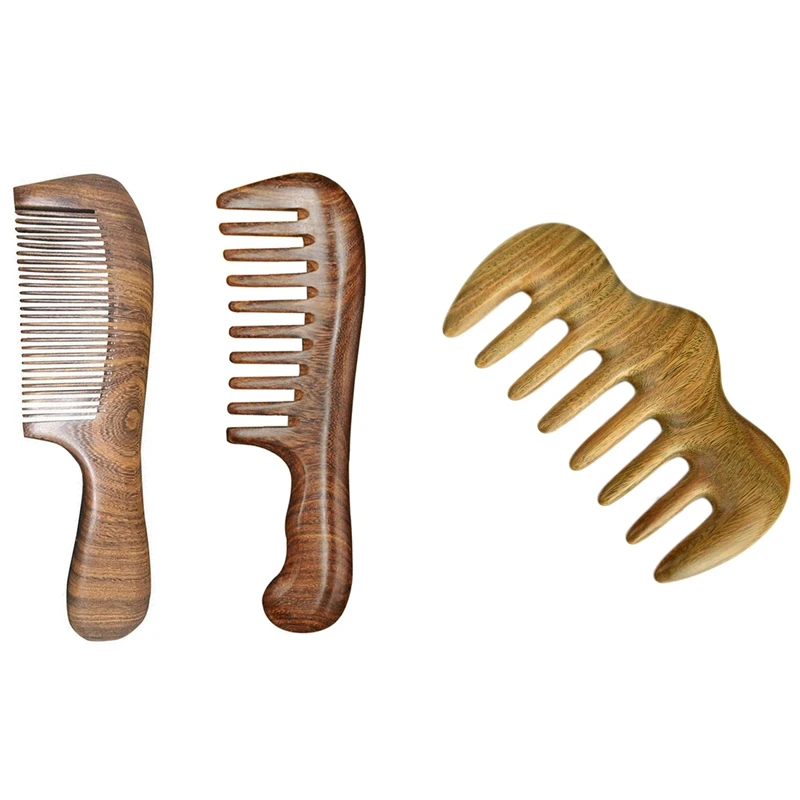 

3 Pcs Salon Anti-Static Household Natural Sandalwood Comb Massage Comb, 2 Pcs A & 1 Pcs B