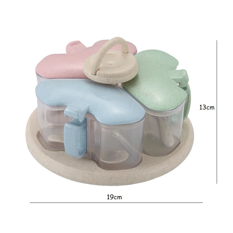 

Nordic Plastic Flower Shape Seasoning Storage Box Wheat Straw with Spoon 3 Compartment Spice Box Spice Jars Sugar Salt Container