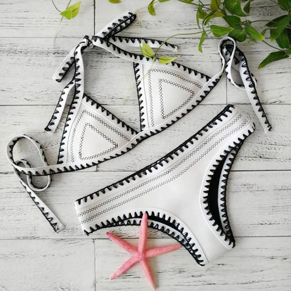 

Sexy Neopren Bikinis Women Crochet Swimwear Push Up Swimsuit Halter Top Biquini Padded Bathing Suit Bandage Brazilian Bikini Set