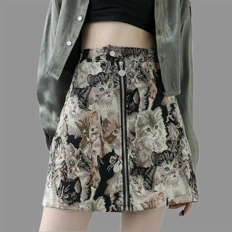 

Large A-line skirt cat embroidery print skirt spring and autumn 2021 new fat mm high waist hip skirt