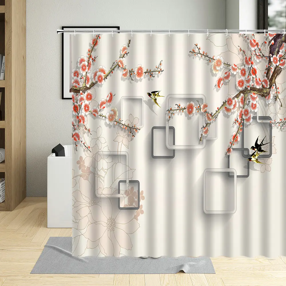 

3D Modern Chinese Style Flowers Animal Shower Curtain Lotus Carp Bird Home Bathroom With Hook Decorative Cloth Washable Fabric