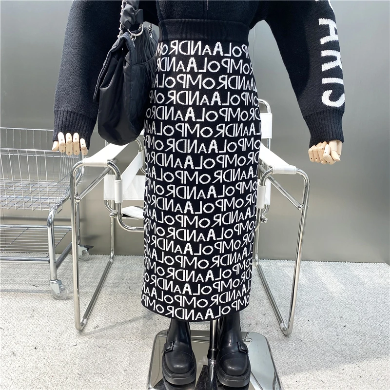 

Женская трикотажная юбка с высокой талией, прямая юбка средней длины с разрезом сзади и надписью, оригинальный дизайн, 2021