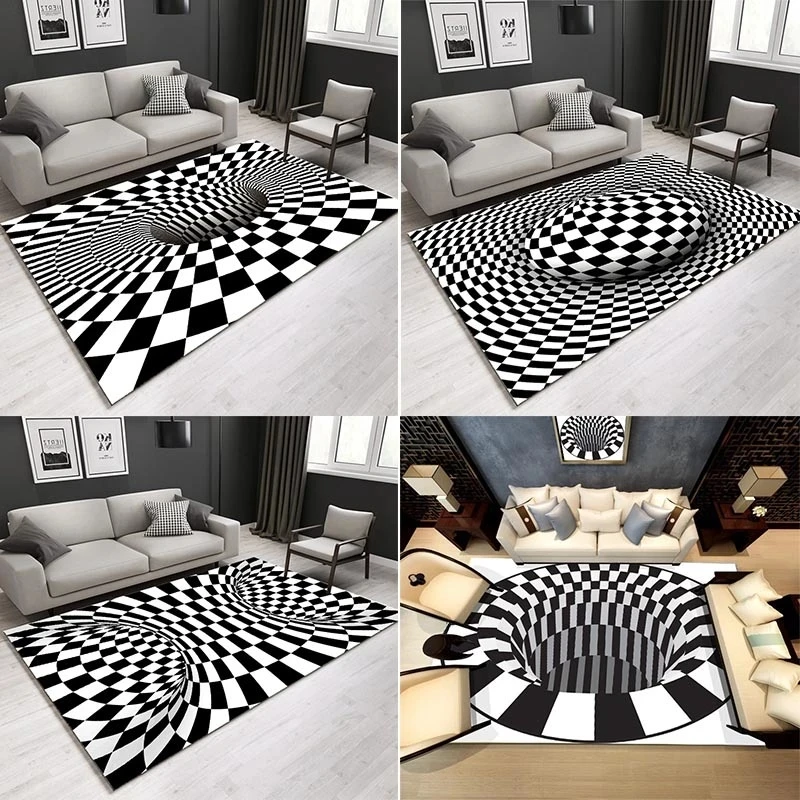 

3D Print Carpet Luxury Carpet Floor Mat Rug White Black Abstract Geometric Optical Illusion Living Room Bedroom Rug Round