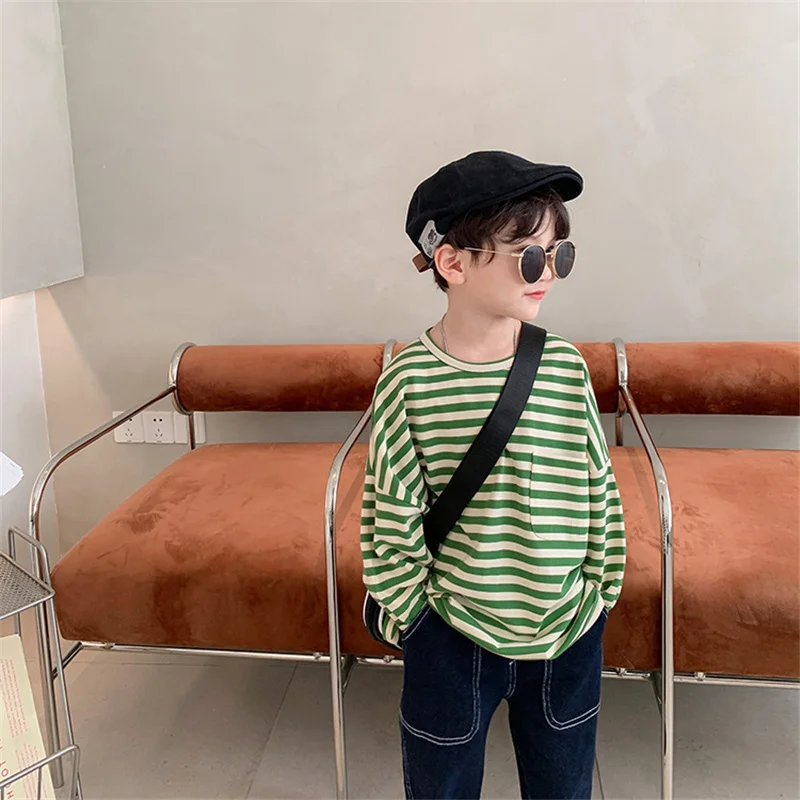 

Korean style boys and girls striped loose long sleeve T shirts children fashion O-neck all-match cotton Tops