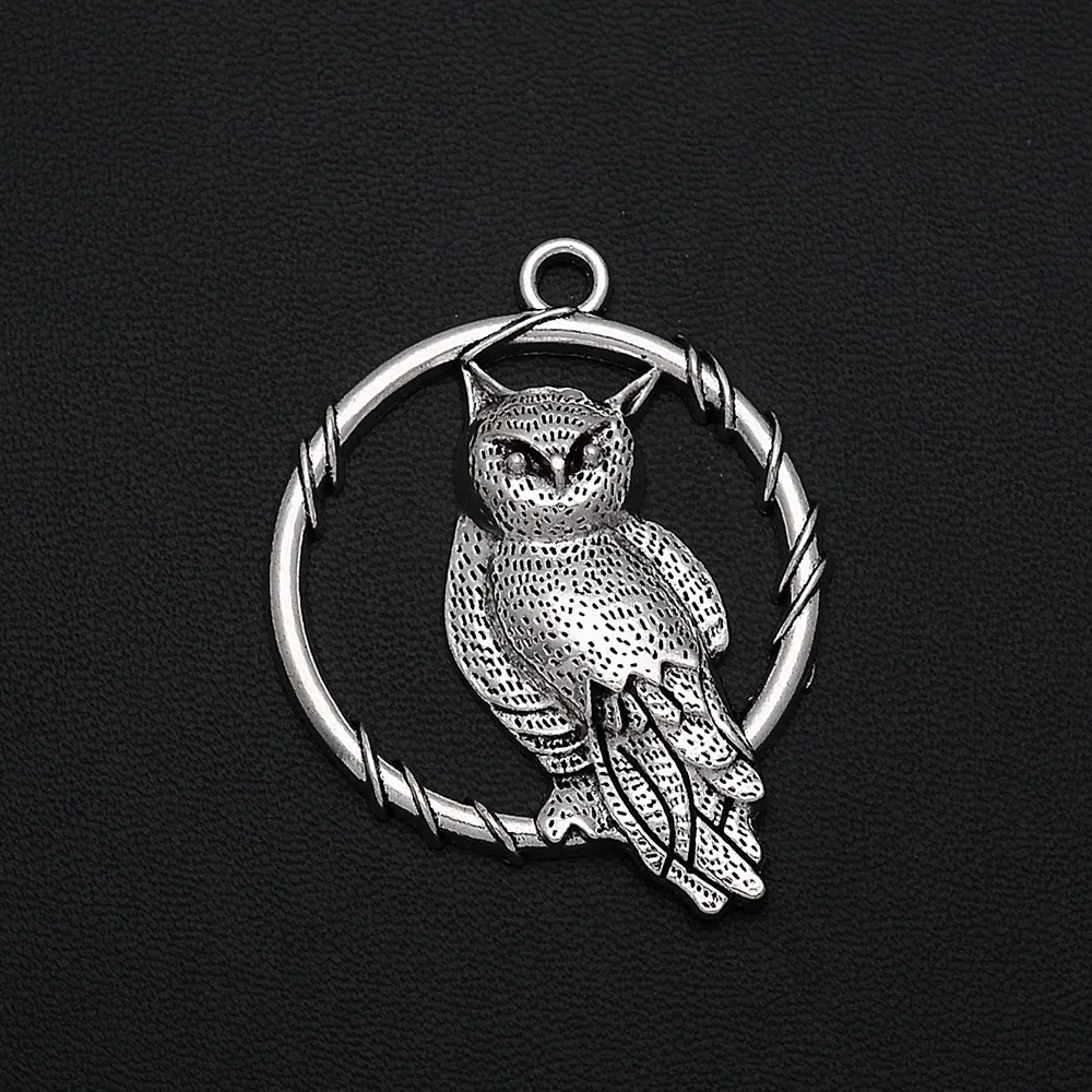 

2pcs/Lots 36x45mm Antique Silver Plated Circle Owl Charms Vintage Metal Zinc Alloy Round Bird Pendants For Diy Jewelry Making