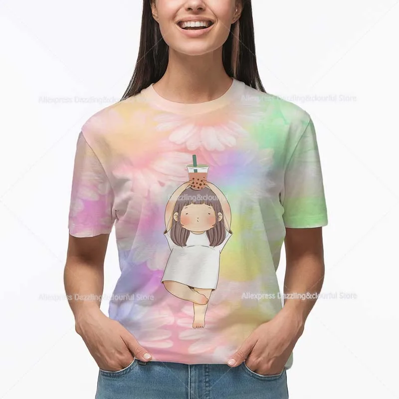 

3D Cute Lazy Girl Milk Tea Adult T Shirt Summer Women Kawaii Cartoon T-shirts Female Short Sleeves Tshirt Streetwear Ladies Tees