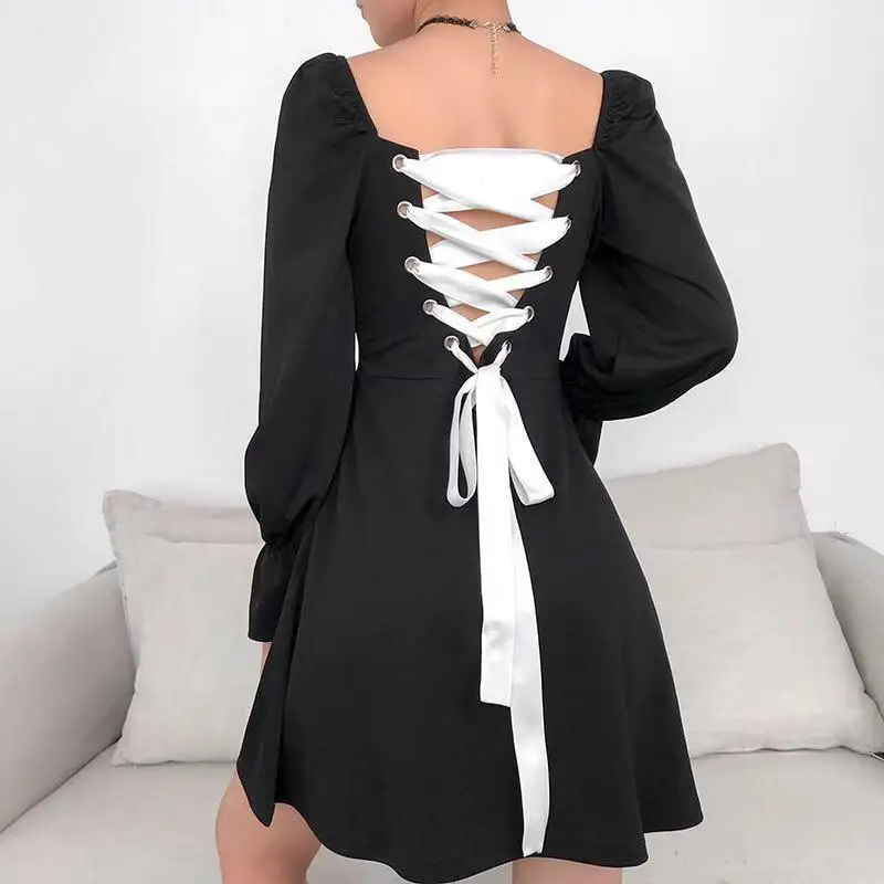 

QWEEK Bandage Backless Dress Summer 2021 Fashion Vintage Elegant Lace-up Black Dress Women Long Sleeve Square Collar Sundress