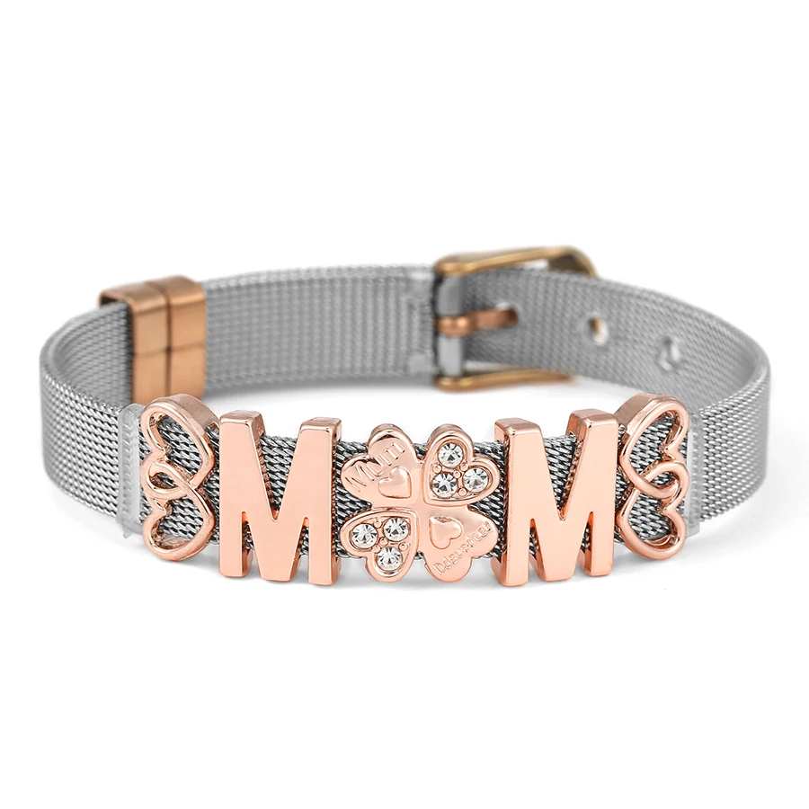 

Dinglly Two-Tone Fashion Stainless Steel Bracelets For Women Men Golden Heart Lucky MOM Beads Mesh Belt Bangle Jewelry Gift