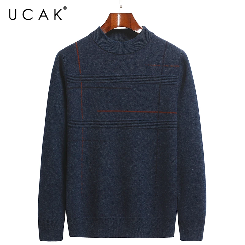 

UCAK Brand Classic Pure Merino Wool Men Sweaters O-Neck Striped Streetwear Sweater Pull Homme Autumn Winter Thick Pullover U1311