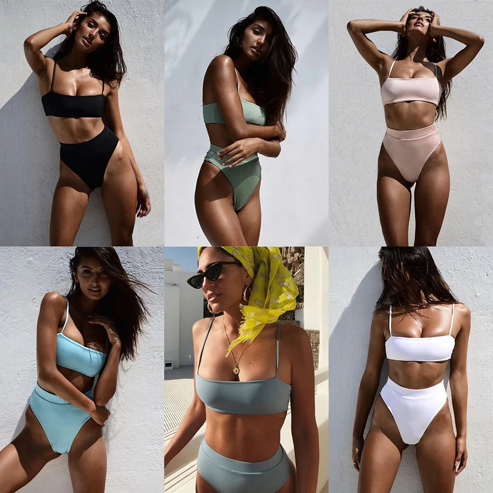 

Sexy Bikinis Solid Push Up Bikini 2021 Hot Sale Padded Bra Straps High Waist Swimsuit Female Swimwear Women Biquini