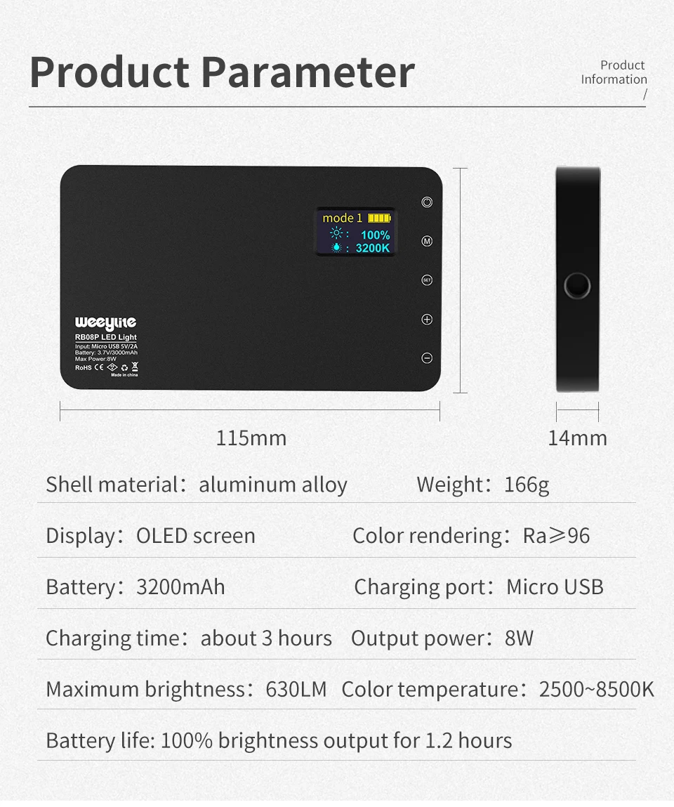 VILTROX мини-видео светодиодный светильник Weeylife RB08P RGB 2500-8500K Портативный заполняющий светильник Встроенный аккумулятор для студийной съемки камеры телефона