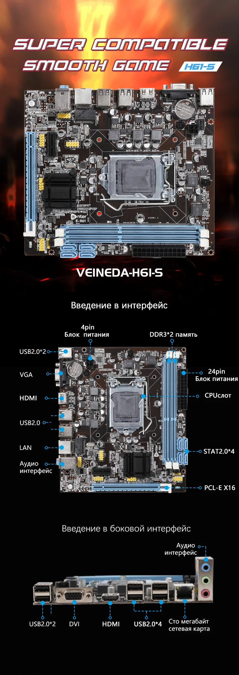 Оригинальная H61-S материнская плата VEINEDA для настольных ПК с разъемом LGA 1155 для Intel Core i3 i5 i7 DDR3 с памятью 16G uATX H61