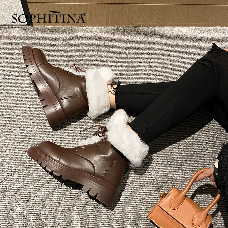 Harga SOPHITINA Wanita Musim Dingin Boots Platform Fashion Kulit Asli Wanita Sepatu Round Toe Ukuran 34-43 Hangat Wanita Pergelangan Kaki Sepatu SO918