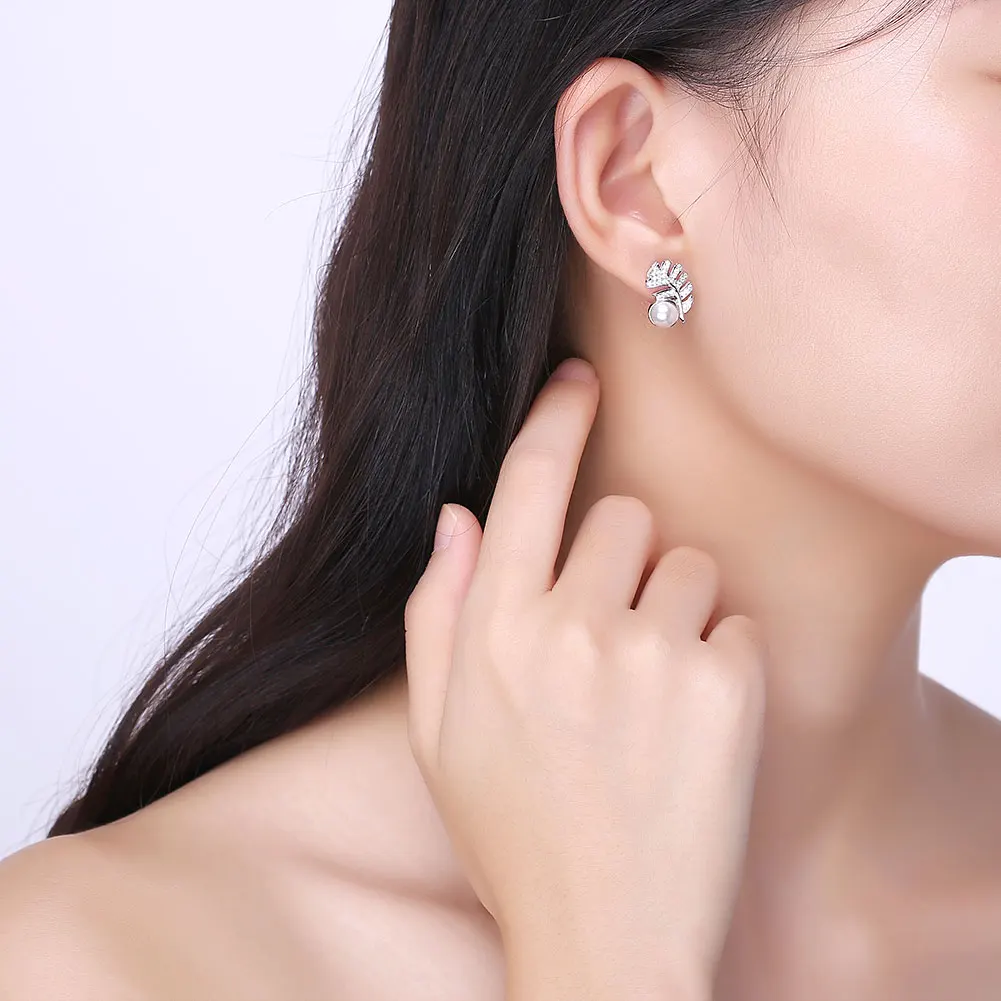 

ZEMIOR Pearl Earrings For Women Sterling Silver 925 Leaves Stud Earrings Romantic Anniversary Gift For Girlfriend Hot Sale
