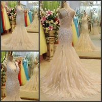 free shipping 2016 luxury crystal beaded sexy formal bride champagne long married evening gowns with feathers party prom dresses