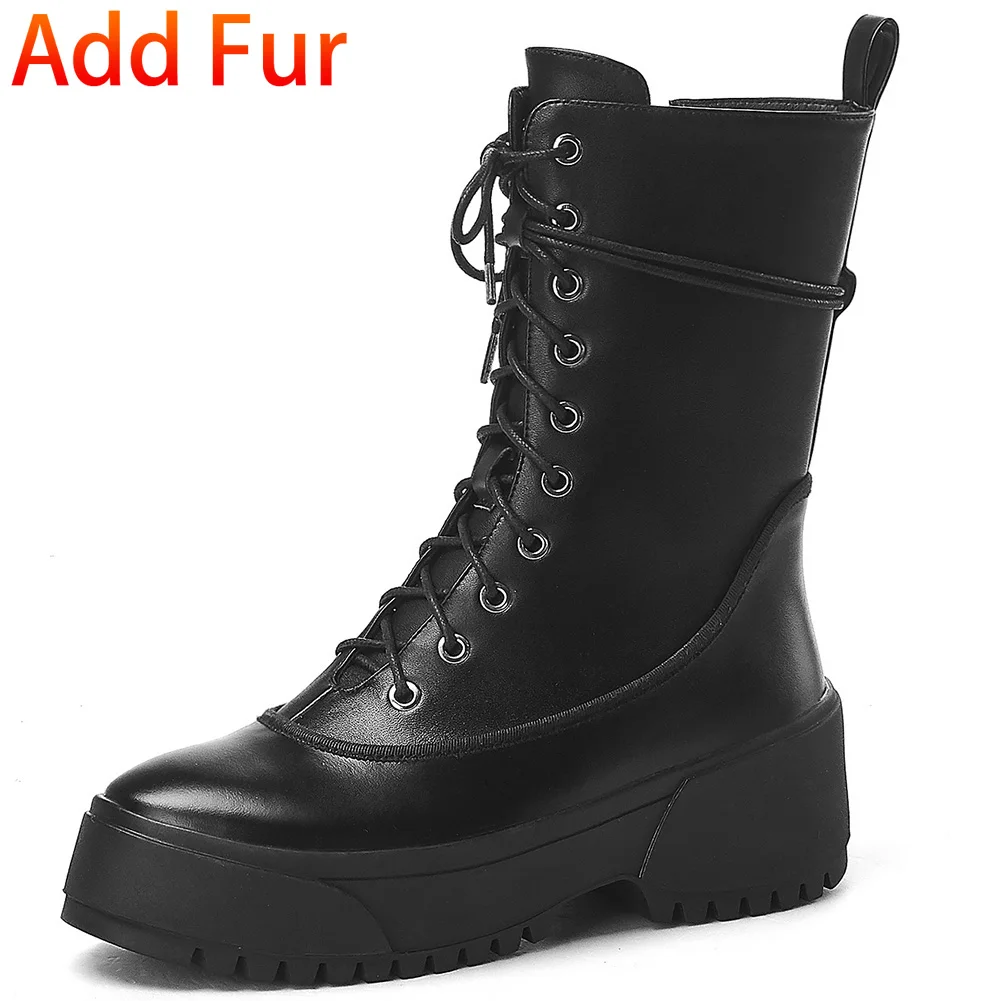 black add fur DORATASIA/Роскошные Брендовые женские ботинки из натуральной кожи; коллекция года; модные ботинки со светоотражающими элементами на платформе; женская повседневная обувь на танкетке - Цвет: black add fur
