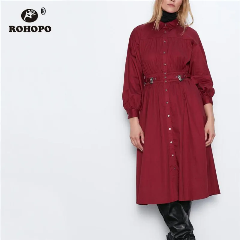 ROHOPO фонарь длинный рукав отложной воротник красная блузка миди платье