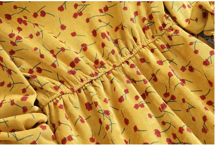 

Korean Fashion Women Girl Sweet Lady Dress velvet corduroy Autumn Women Floral Print Long Dresses Female Long Sleeve Dress