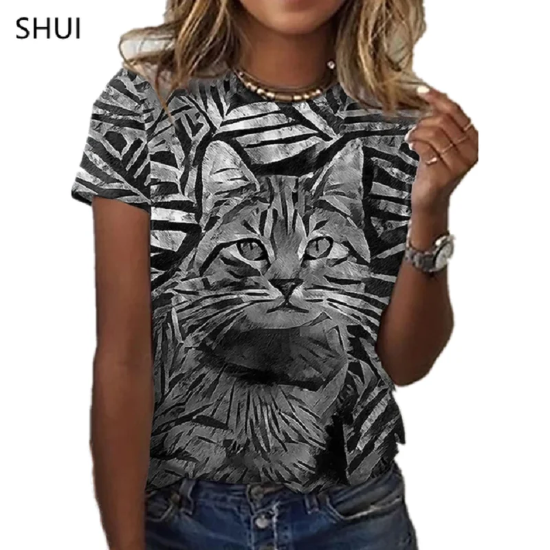 

2021 Summer New Women's Cat Print T-shirt, Fashionable Round Neck Short Sleeve Top, Casual and Comfortable T-shirt Xxs-6xl