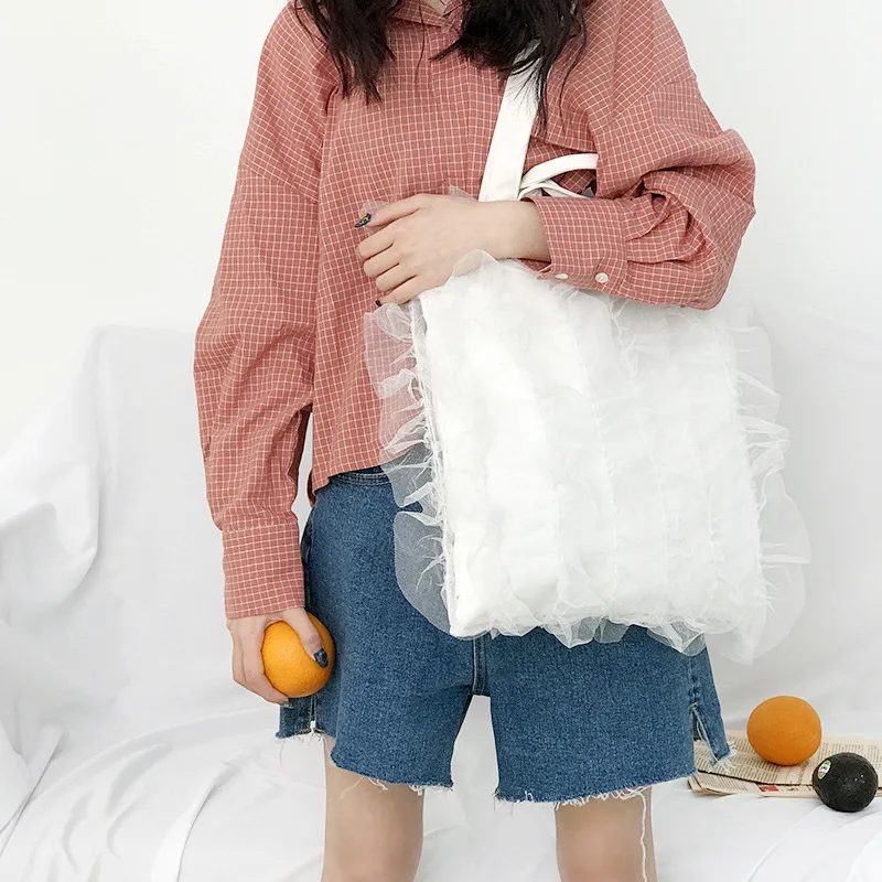 

Женская холщовая кружевная Сумка-тоут, дамские сумочки на плечо с оборками в Корейском стиле, вместительная сумка для покупок в стиле принц...