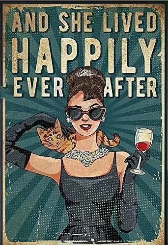 

Металлический жестяной плакат с изображением кошки и вина, девушка с вином и кошкой и она жила счастливо и счастливо, плакат с ретро-печатью для бара, ресторана, кафе