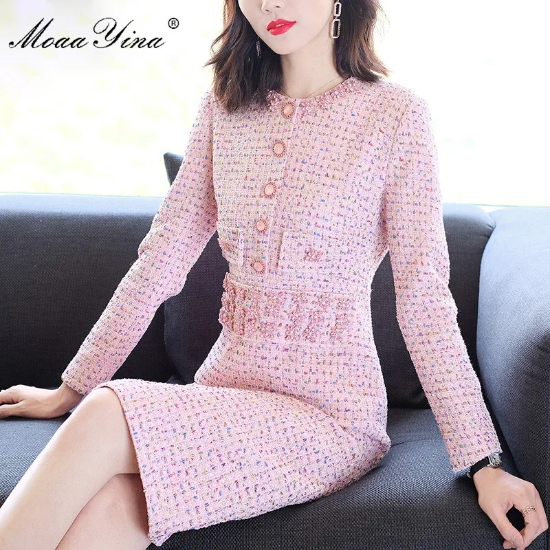 MoaaYina модное дизайнерское платье весна-осень женское с кристаллами жемчугом