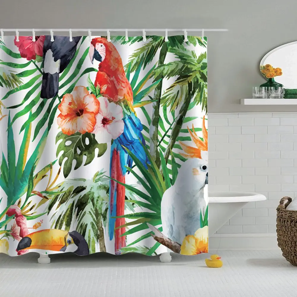 Dafield Parrot Shower Curtain Jungle Colorful Birds On Tree Branches Theme Tropical Nature Plants With Hooks | Дом и сад