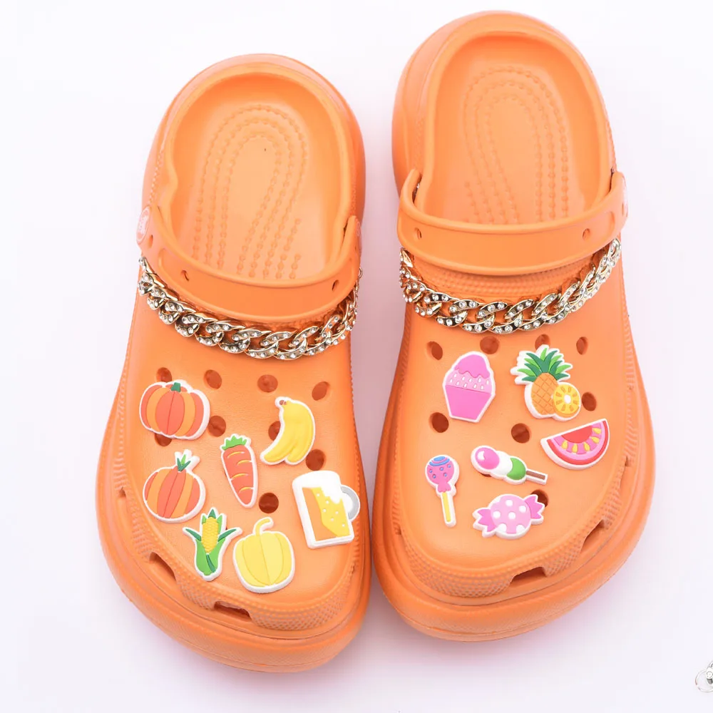 

Best Sell 1 Pcs PVC Croc Shoes Charms Vegetable Fruit Juice Decorations Ice Cream Drink Bracelet Accessories Kid Candy Gift