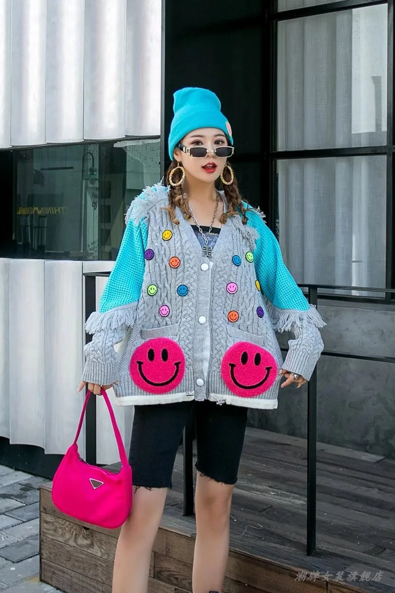 Женский вязаный кардиган с бахромой QING MO свитер V образным вырезом и мультяшным