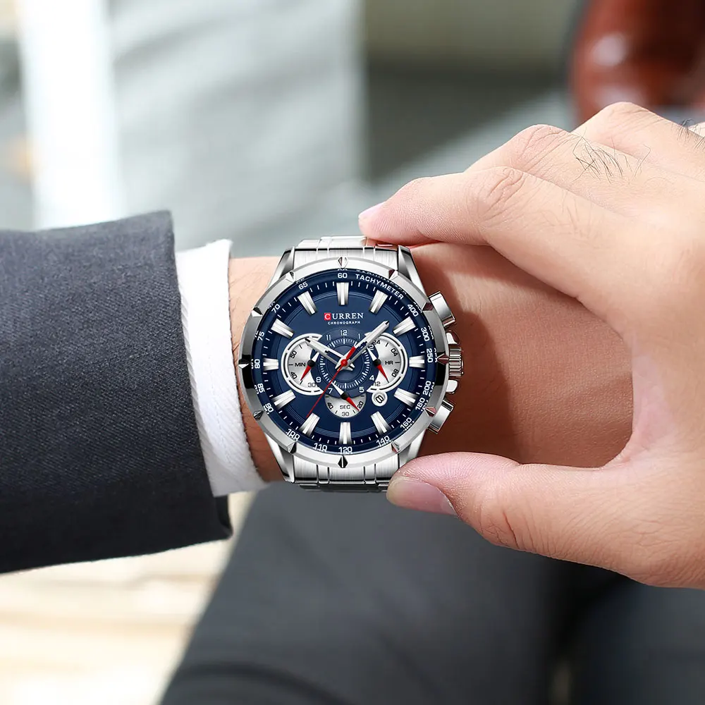 

Fashion Causal Sports Men's Watches Stainless Steel Band Chronograph With Luminous Pointers Wristwatch Quartz Clock 8363