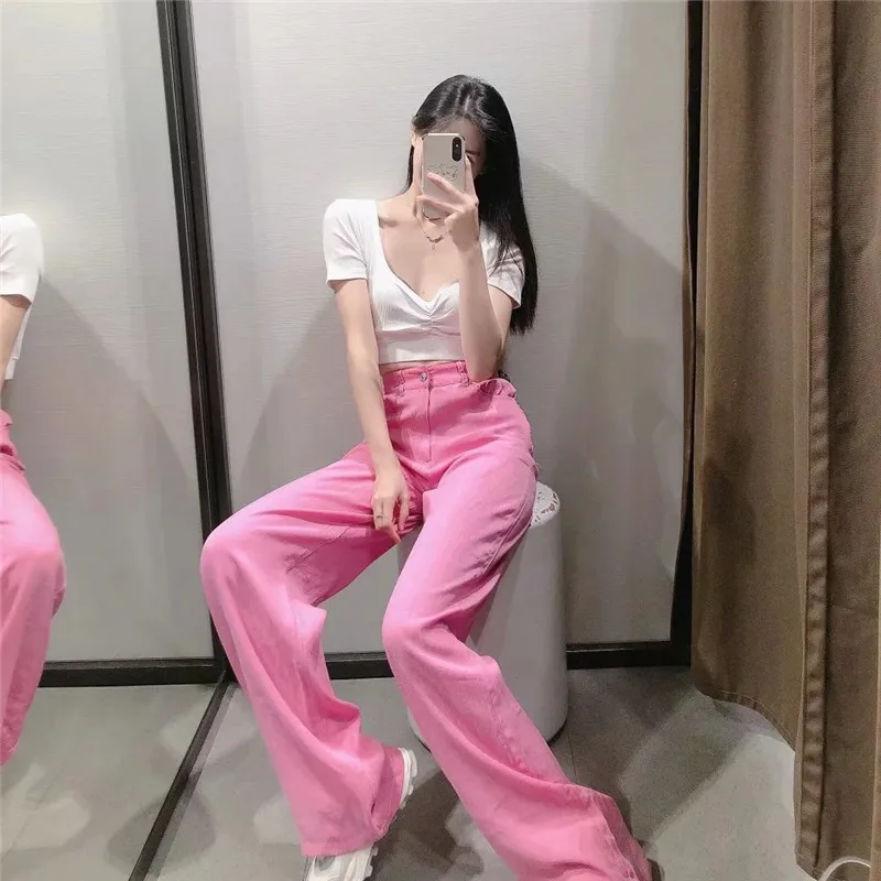 

2021 Pink Pants Women Wide Leg Pants Woman Loose High Waist Female Trouser Summer Fashion Wide Streetwear Trousers
