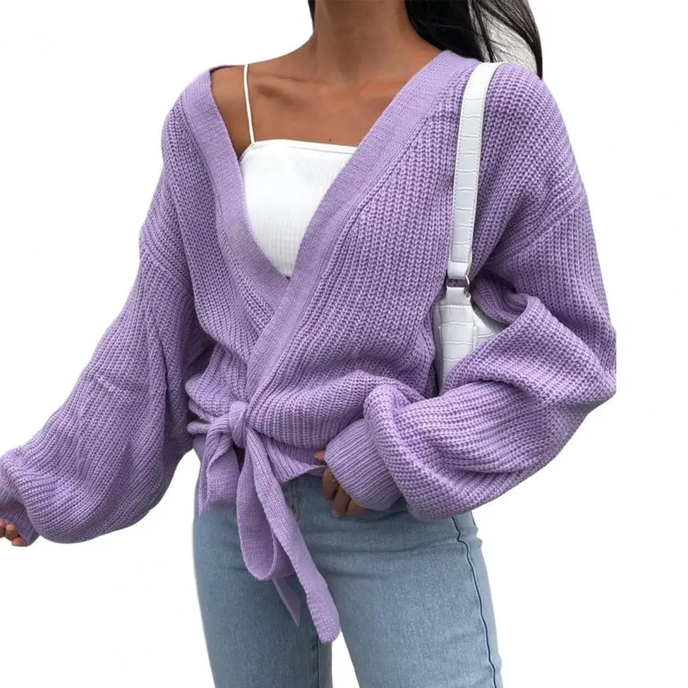

Fashion Knitted Warm Cardigan Jumper Sweater Women Sweater V Neck Knitwear Loose Lace Up Long Lantern Sleeve Cardigan Streetwear