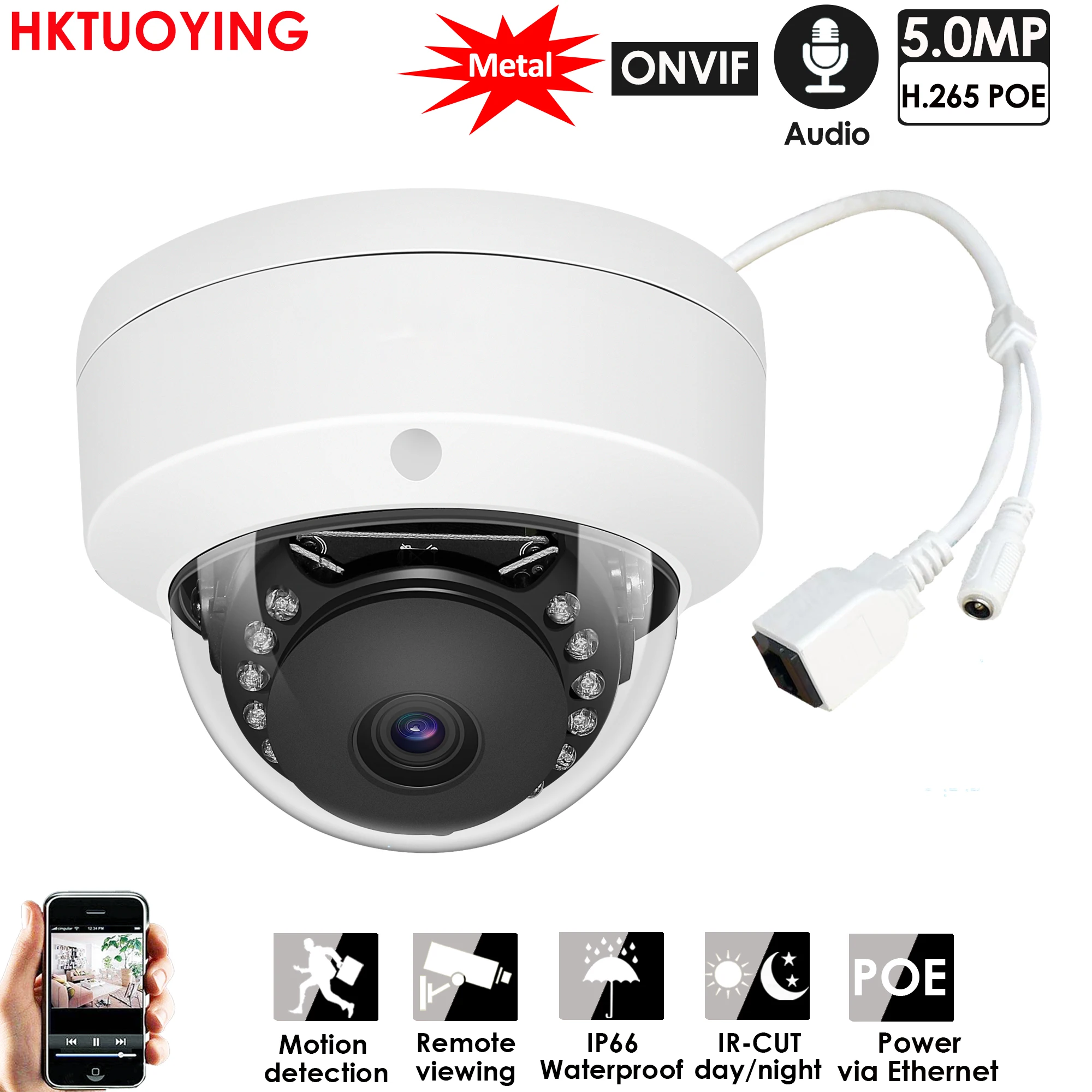 Металлическая купольная IP камера H265 + 5 Мп POE ONVIF Аудиозапись видеонаблюдения 3 МП