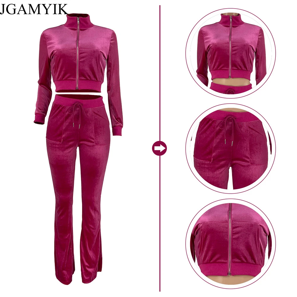 

Женский Бархатный спортивный костюм JGAMYIK, комплект из 2 предметов, женская осенняя одежда, короткий топ, куртка на молнии, расклешенные брюки...