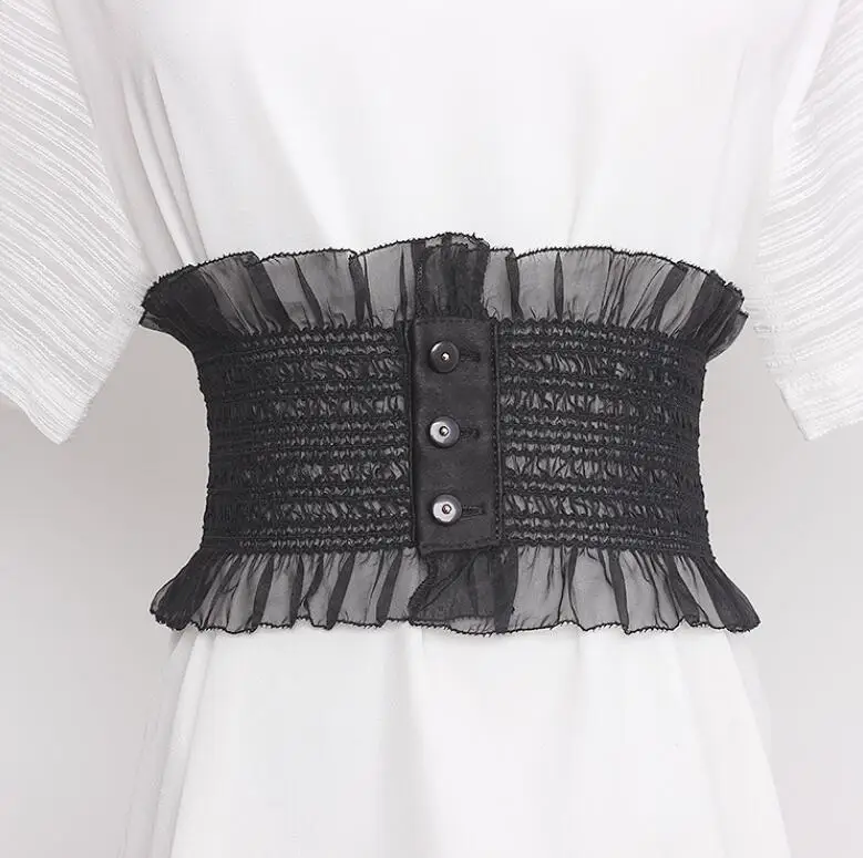 

Women's runway fashion white black elastic chiffon Cummerbunds female Dress Corsets Waistband Belts decoration wide belt R3071