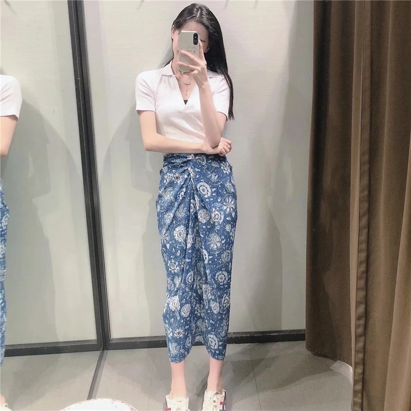 

Za 2021 High Waist Print Ruched Summer Skirt Women Textured Knot Vintage Midi Blue Skirts Woman Chic Back Zip Slit Elegant Skirt