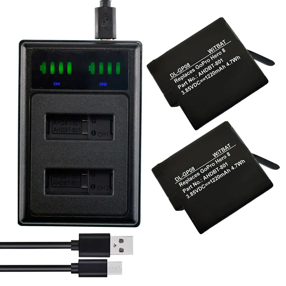 Батарея + ЖК дисплей USB Зарядное устройство для экшн камеры Gopro Hero 8 черный пакет Akku